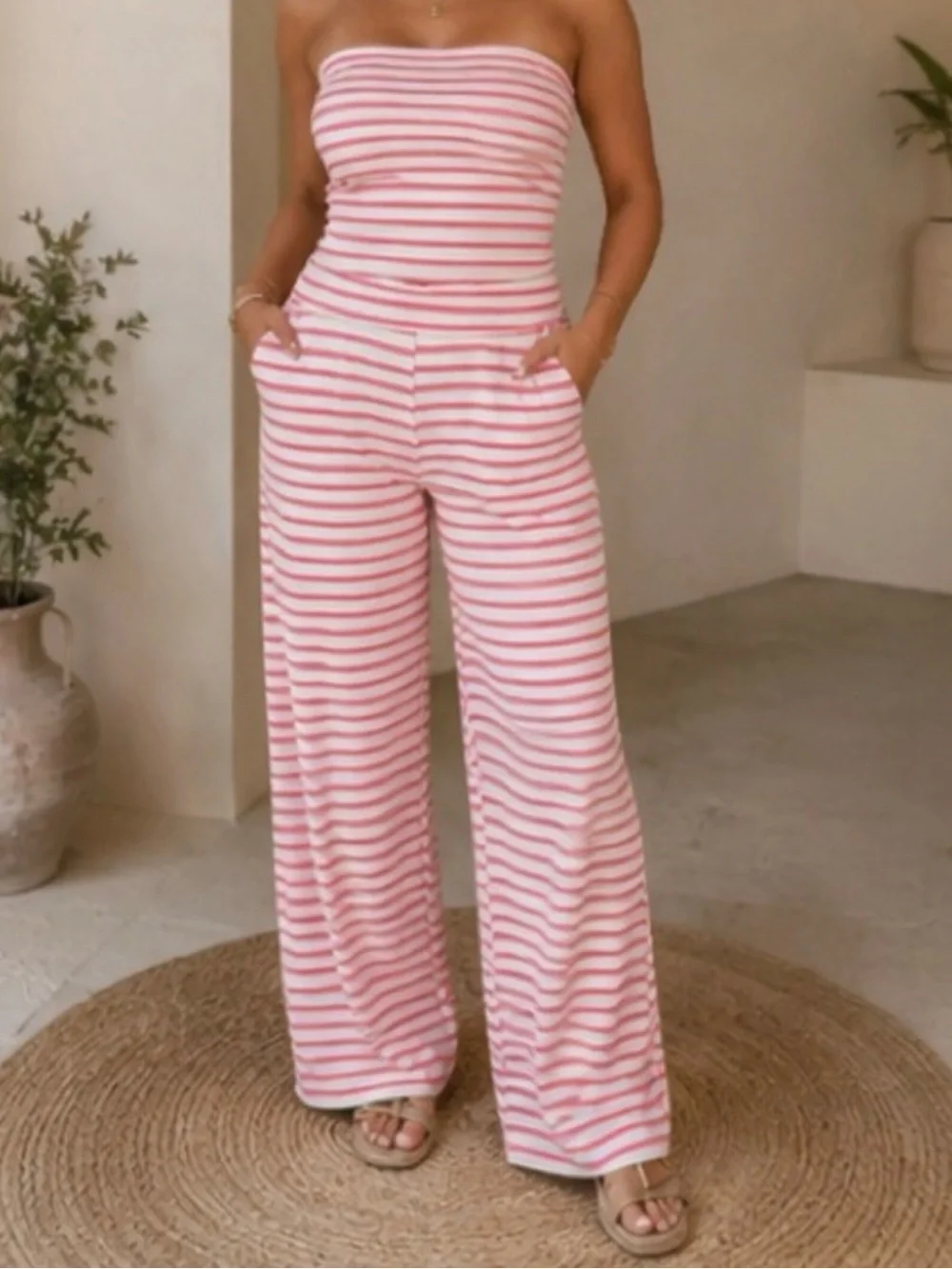 Double Zero Pink and White Striped Strapless Wide-Leg Jumpsuit